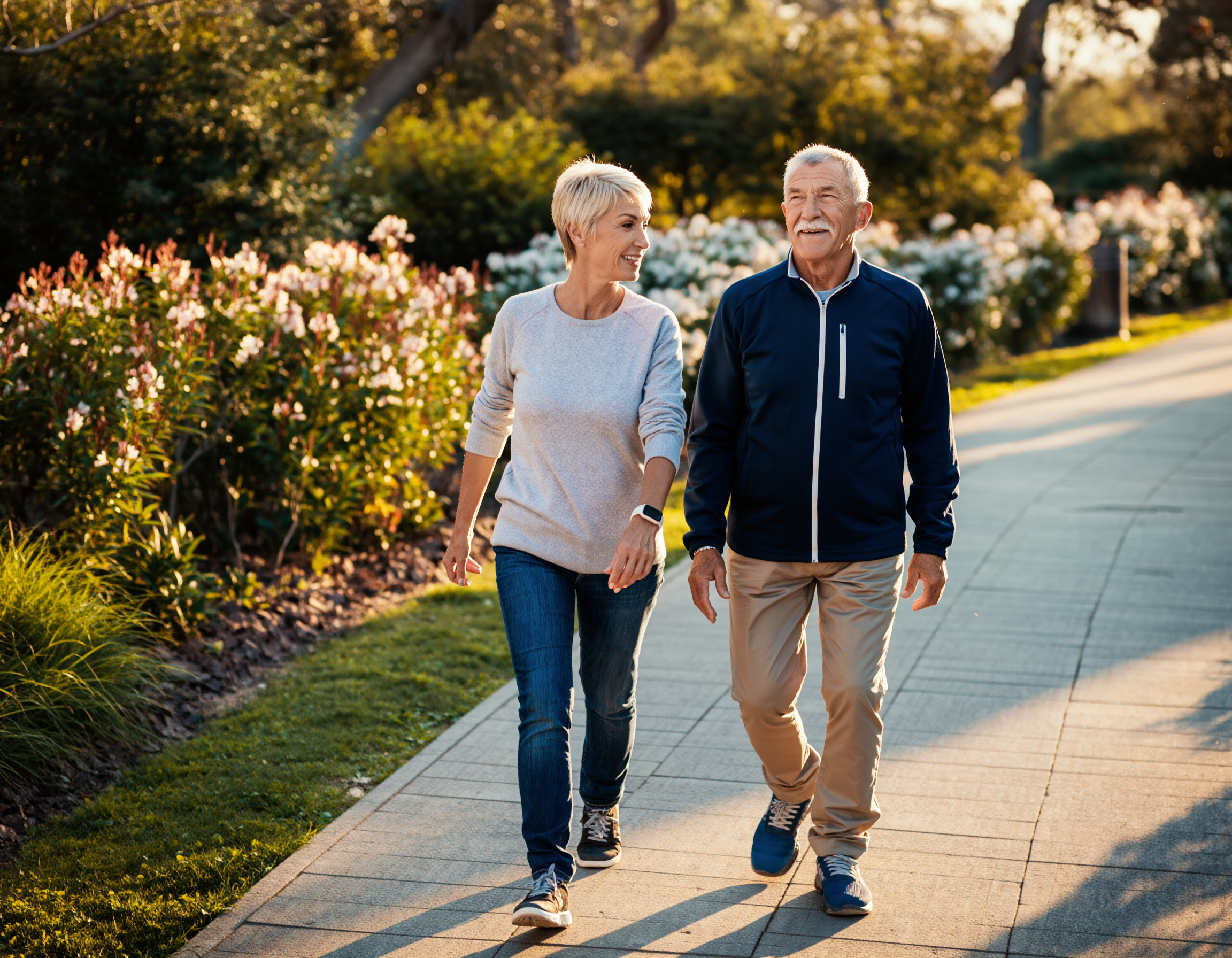 Older couple walking along a garden path in the fall